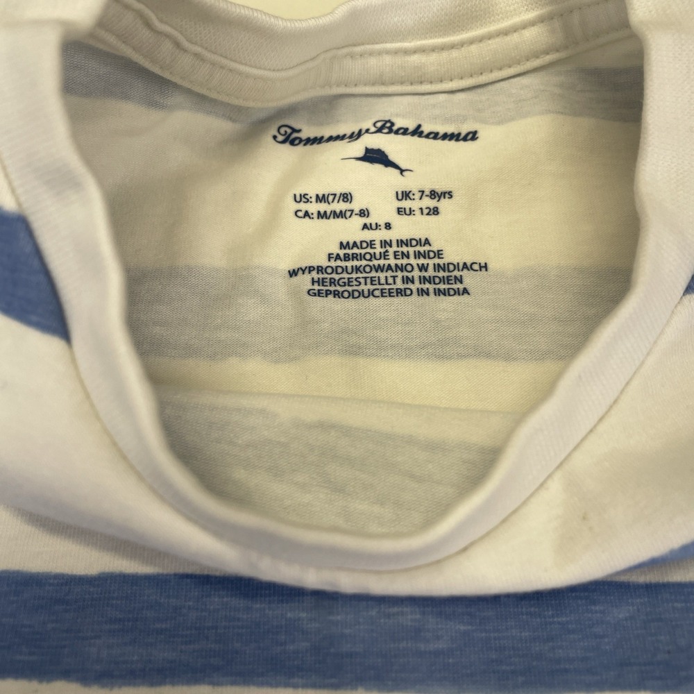 Tommy‎ Bahama Shirt Boys Youth White Blue Striped Casual Cotton T Shirt M 7/8 - Picture 3 of 5